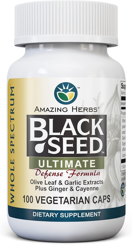 Amazing Herbs Whole Spectrum Black Seed Ultimate, Vegetarian Capsules - Olive Leaf & Garlic Extracts Plus Ginger & Cayenne, Gluten Free, Non GMO, Vegan - 100 Count