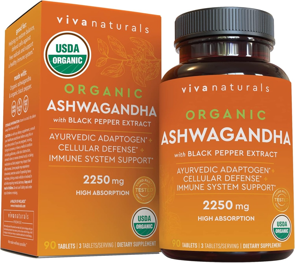 Organic Ashwagandha Supplement with Black Pepper - Includes 2250 mg Ashwagandha Root Powder & Organic Black Pepper for Superior Absorption (90 Tablets), Antioxidant & Immune Support