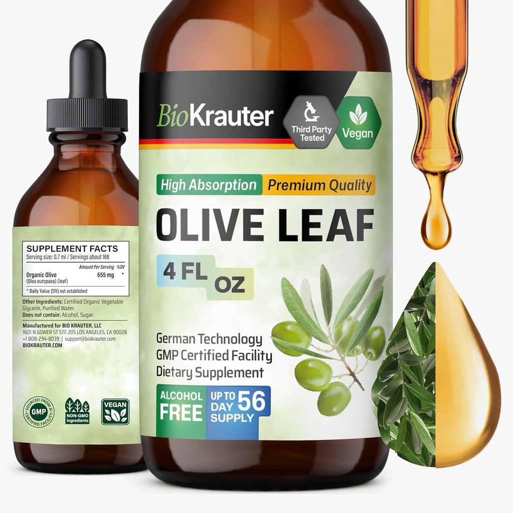 BIO KRAUTER Olive Leaf Extract Liquid - Olive Leaf Tincture for Immune Support - Alcohol and Sugar Free - Vegan Drops 4 Fl.Oz.