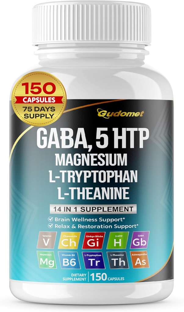 GABA 5-HTP L-Tryptophan L-Theanine Vitamin D3 Vitamin B6 Holy Basil Valerian Chamomile Ginkgo Biloba Ginger -150 Capsules- Made in USA