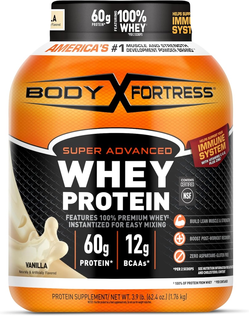 Body Fortress Super Advanced Whey Protein Powder, Vanilla, Immune Support (1), Vitamins C & D Plus Zinc, 3.9 lbs.