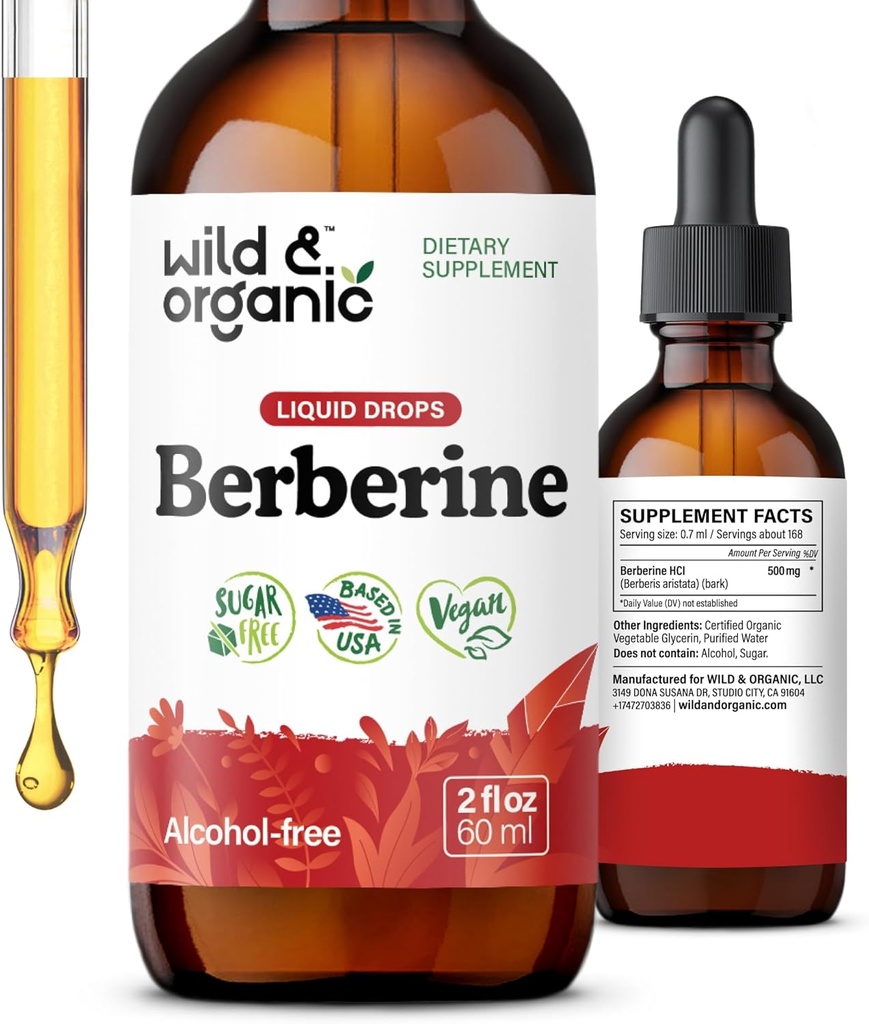 Wild & Organic Berberine Liquid Drops - 500mg Berberine Supplement HCL for Overall Support - Natural Extract Tincture - Vegan, Alcohol & Sugar-Free - 2 fl oz