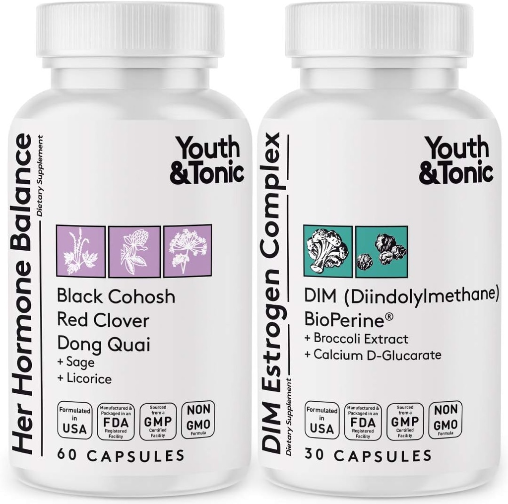 Youth & Tonic Menopause & PMS Support for Women Through Balanced Estrogen Metabolism – 90 Pills with DIM Black Cohosh Red Clover Dong Quai Soy Isoflavones