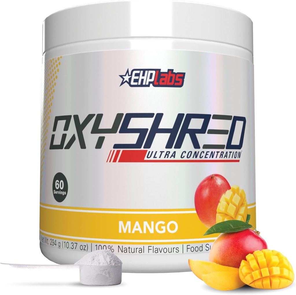 EHP Labs OxyShred Pre Workout Powder - Preworkout Powder with L Glutamine & Acetyl L Carnitine, Energy Boost Drink - Mango, 60 Servings