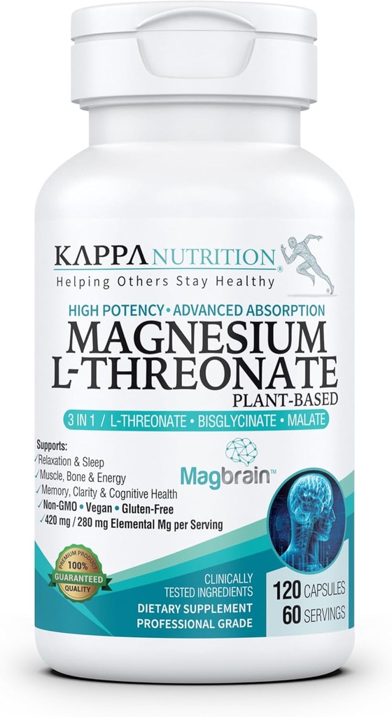 Kappa Nutrition Powered by Magbrain™ Magnesium L-Threonate Plant-Based, 420mg Elemental Magnesium (3 Capsules) from 2,253mg, 120 Vegan Capsules, Brain, Sleep & Muscle Support.