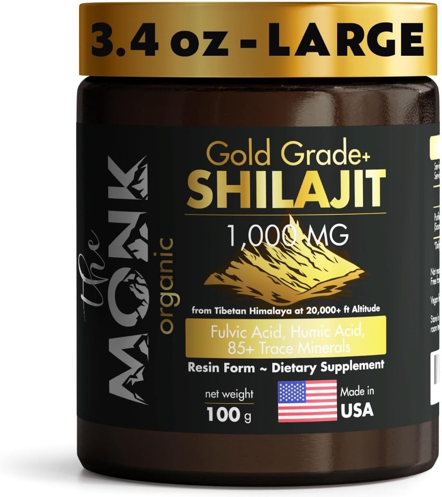 Organic Himalayan Shilajit Resin with Fulvic Acid, Humic Acid, 85+ Minerals- Gold Grade Plus - 100g, 1000 mg Per Serving - Energy, Stamina, Brain Support - Made in The USA