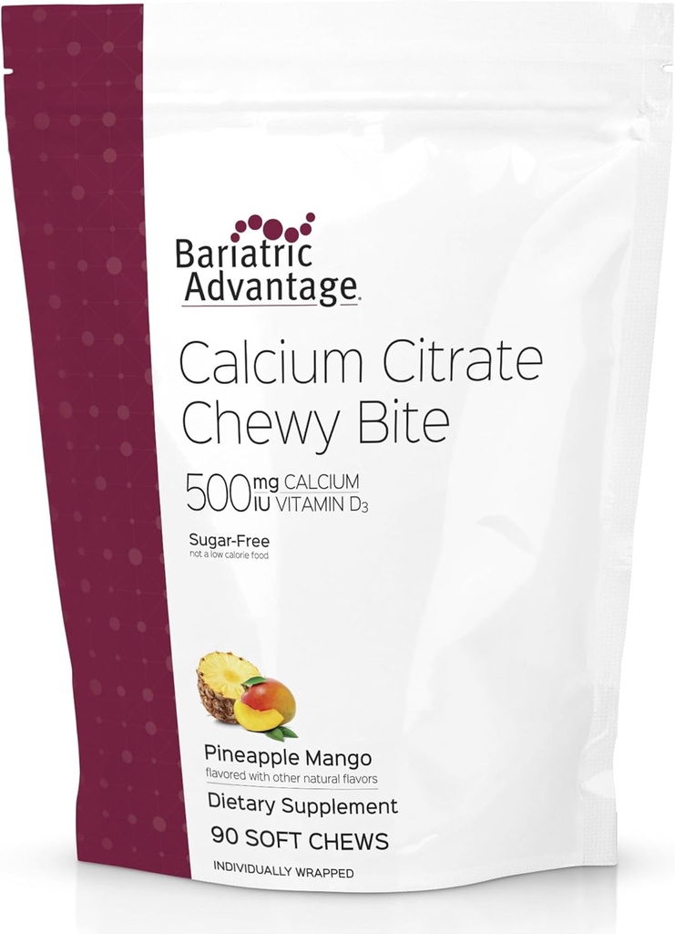 Bariatric Advantage Calcium Citrate Chewy Bites 500 mg with Vitamin D3 - Chewable Supplement for Bariatric Surgery Patients - Sugar-Free Calcium Chews - Pineapple Mango - 90 Count