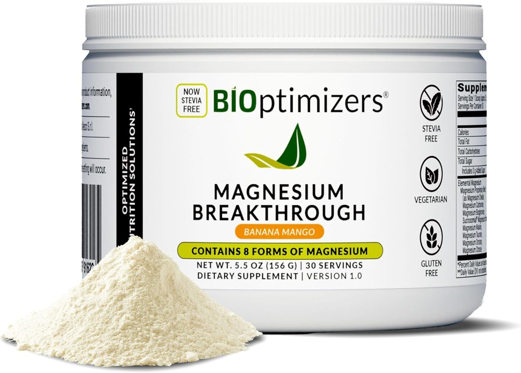 BIOptimizers Magnesium Breakthrough Drink - 8 Forms of Magnesium, Electrolytes, Sleep Health, Stress, Muscle Recovery, Heart Support | Glycinate, Citrate, Malate- Banana Mango