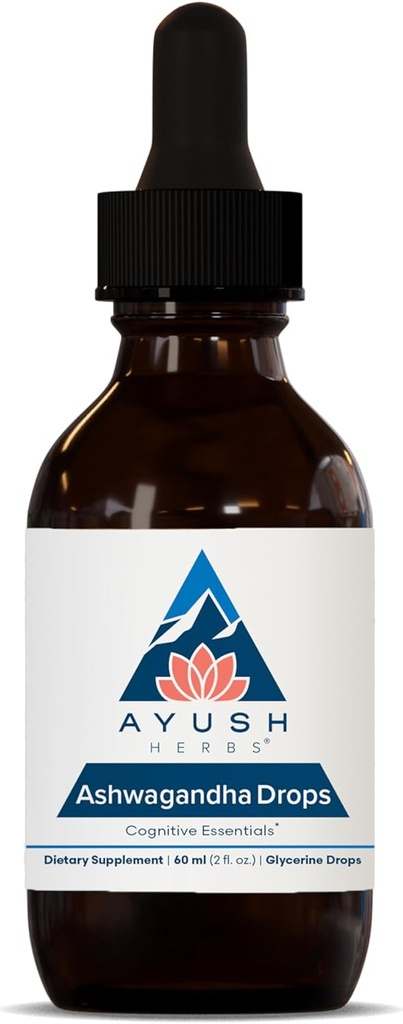 Ayush Herbs Ashwagandha Drops - Ashwagandha Alcohol-Free Drops for Adults, Calming Daily Supplement for Focus & Attention with Organic Ashwagandha, Lemon Flavor - 2 Fl Oz (80 Servings)