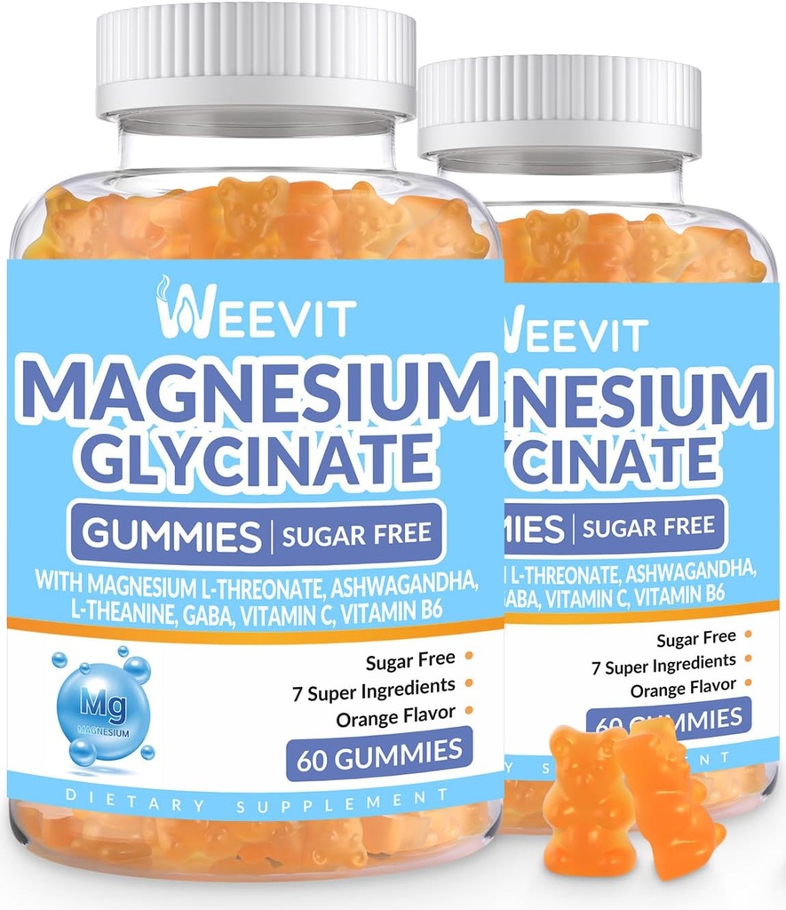 Sugar-Free Magnesium Glycinate Gummies with L-Threonate, Magnesium Supplements for Women and Men with Ashwagandha, L-Theanine, GABA, Vitamin C, B6