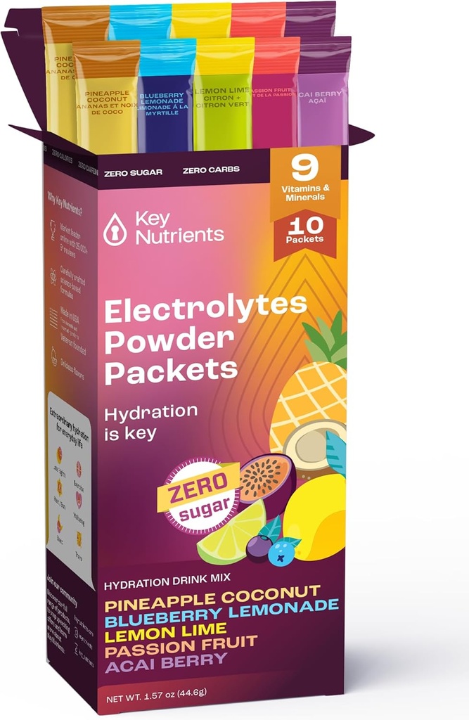 KEY NUTRIENTS Hydration Packets - 5 Delicious Flavors in Electrolytes Powder Packets No Sugar 10 Pack - No Calories, Gluten Free Electrolytes Powder Packets, Non GMO, Made in USA