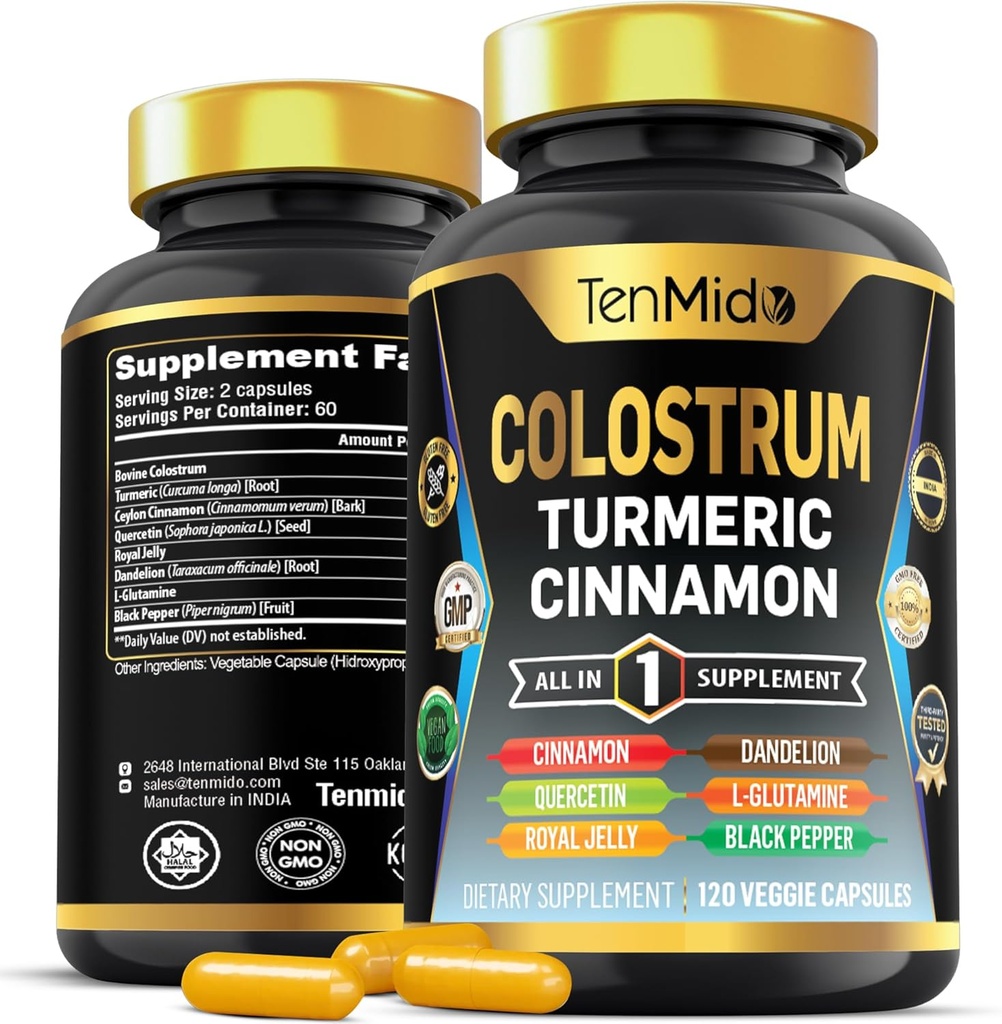 Colostrum Supplement - 8in1 Formula - Combine with Turmeric, Ceylon Cinnamon, Quercetin, Royal Jelly, Dandelion, L- Glutamine, and Black Pepper - Digestive Health Support - 120 Capsules