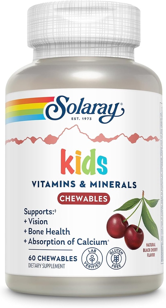 SOLARAY Childrens Vitamins & Minerals Complete Multivitamin for Kids Great Black Cherry Flavor (076280047974) (60 Chews, 30 Serv)