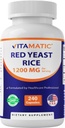 Vitamatic Red Yeast Rice 1200 mg Per Serving - 240 Veg Capsules - Made in The USA - Non-GMO & Gluten Free