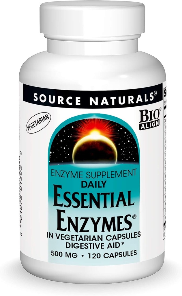 Source Naturals Essential Enzymes 500mg Bio-Aligned Multiple Enzyme Supplement Herbal Defense for Digestion, Gas, Constipation & Bloating Relief - Supports Immune System* - 120 Vegetarian Capsules