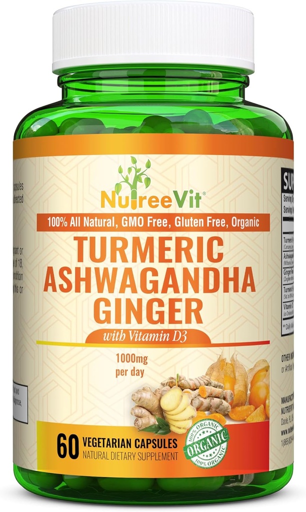 NutreeVit Organic Turmeric Ashwagandha Ginger Vitamin D3-60 Capsules - Extra Strength Ashwagandha Root Turmeric Supplement Immune Support - Ashwagandha Supplements with Natural Ginger and Turmeric