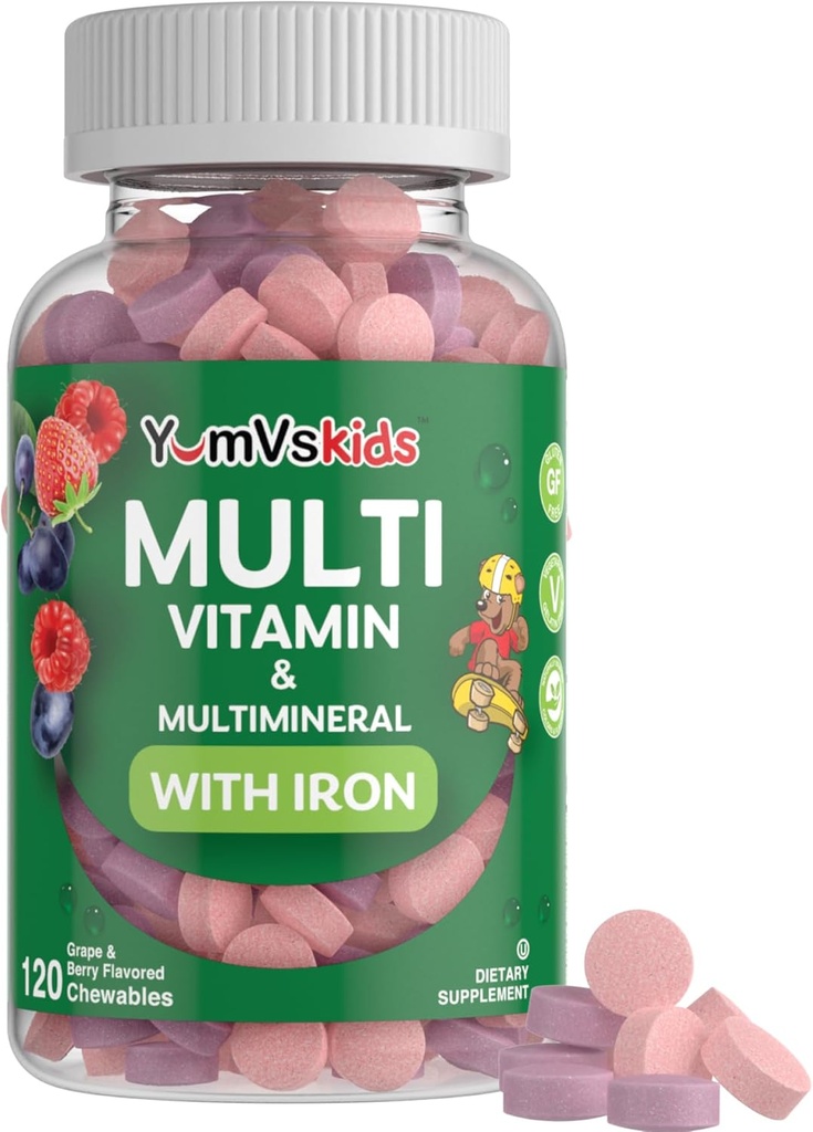 YumVs Kids Multivitamin with Iron & Minerals Chewable Tablets – Grape & Berry Flavor Vitamins for Toddlers & Children Age 2+ – Daily Multivitamin for Immune Support – Kosher, Non-GMO – 120 Chewables