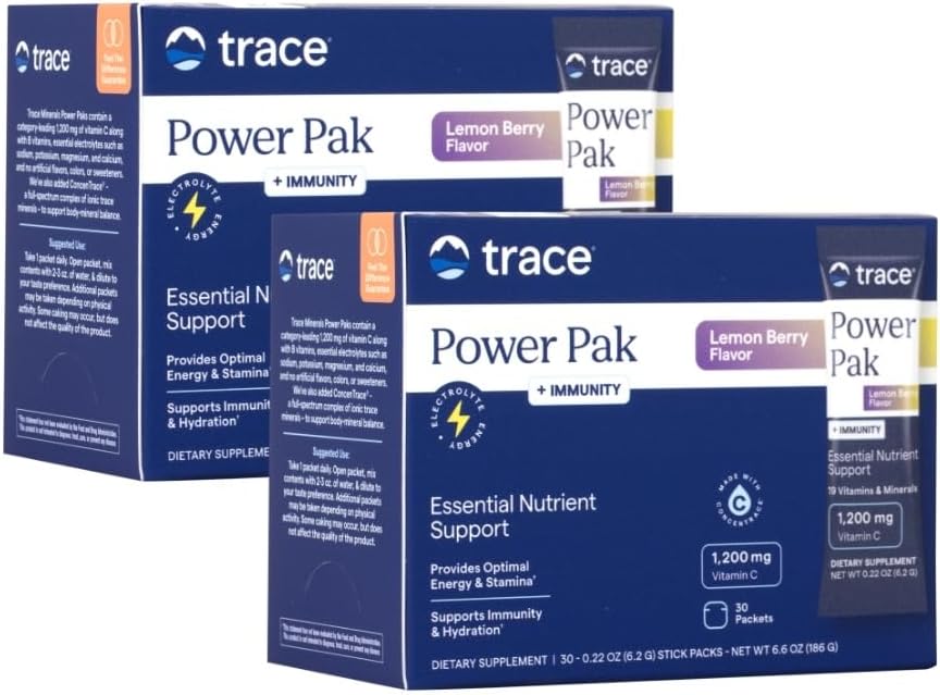 Trace Minerals Power Pak Multivitamin and Multimineral Packets - Electrolyte Support - 1200 mg Vitamin C Plus 70+ Trace Minerals - Acai Berry Flavor - 60 Packets