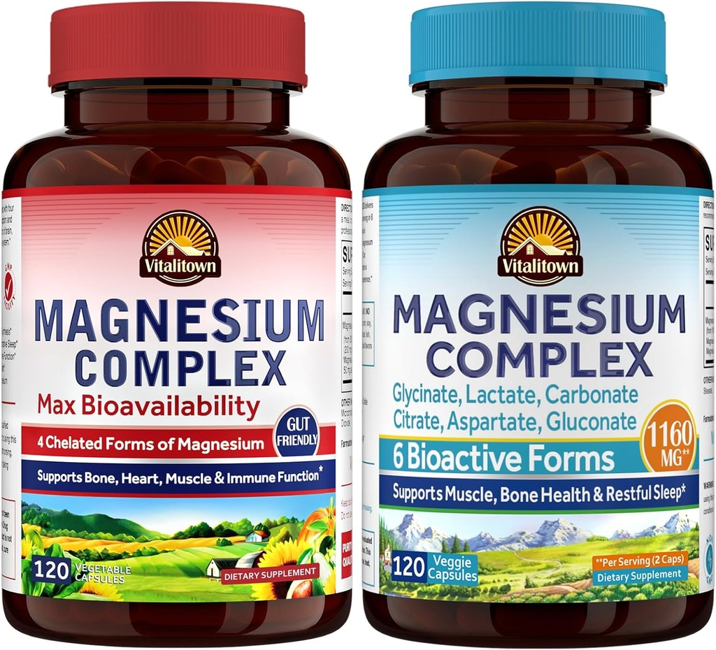 Vitalitown Magnesium Bundle (Pack of 2) | 4-in-1 & 6-in-1 Magnesium Complex | for Bone & Muscle | Magnesium Glycinate, Magnesium Citrate | 120 Magnesium Capsules