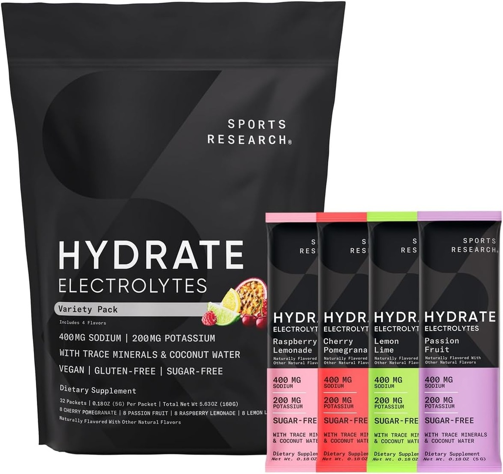 Sports Research® Hydrate Electrolytes Powder Packets - Sugar-Free & Naturally Flavored with Vitamins, Minerals, and Coconut Water - Supports Hydration - 32 Packets - Variety Pack