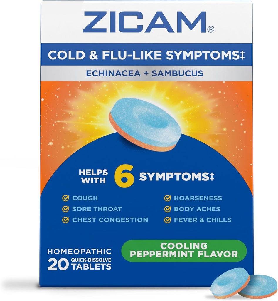 Zicam Cold & Flu-Like Symptoms with Echinacea and Sambucus, Homeopathic, Zinc, Cooling Peppermint Flavor, Helps with Cold Symptoms, 20 Tablets