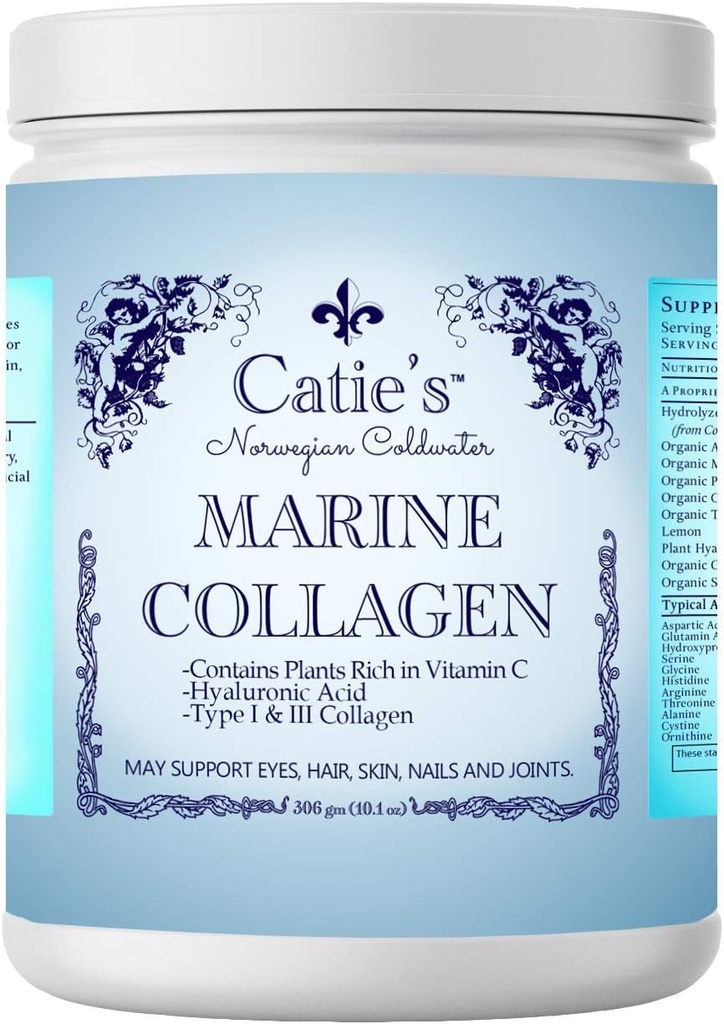 Catie's Marine Collagen- Premium Wild Caught Collagen (Type 1 & 3) from Cold Water Nordic Cod w/Plant Based Vitamin C, Hyaluronic Acid + Herbs! Non GMO. 30 Day Supply.