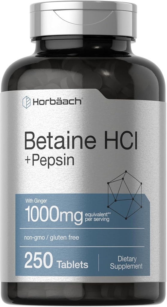 Horbäach Betaine HCl with Pepsin | 1000mg | 250 Tablets | Hydrochloride Supplement | with Ginger Root | Non-GMO, Gluten Free