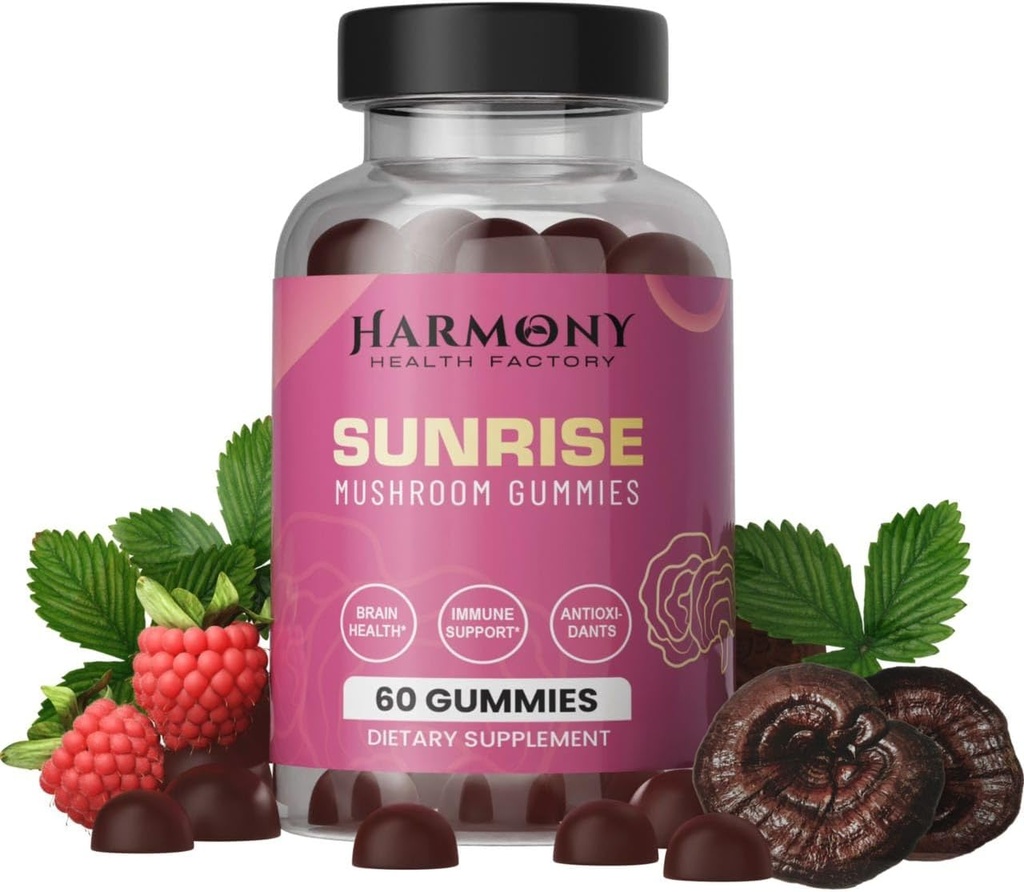 SUNRISE 10x Potency Mushroom Supplement Gummies for Energy, Mood and Immune Support with Organic Lion's Mane, Cordyceps, Reishi, Chaga and Turkey Tail Nootropic Adaptogenic Raspberry Flavor 60 Count