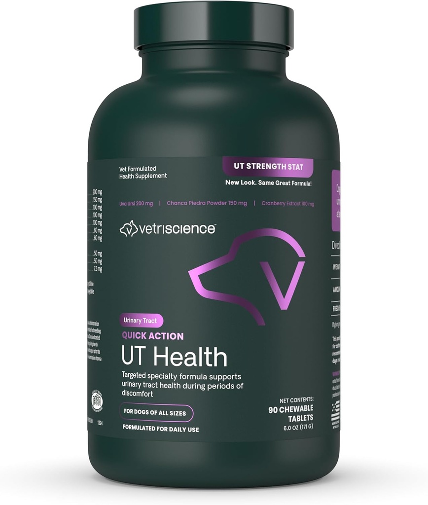 VetriScience Quick Action UT Health Chewable Tablets, UT Strength STAT Supplement for Dogs, Cranberry, Uva Ursi, and Chanca Piedra to Soothe Urinary Tract Discomfort, Smoke, 90 Count