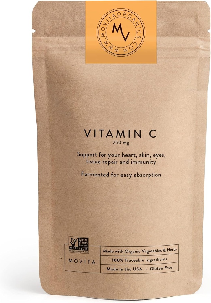 Movita Fermented Vitamin C 250mg – Immunity Booster, Antioxidant Protection, Aids Collagen Synthesis & Iron Absorption – Organic, Vegan, Gluten-Free, Non-GMO – 30-Day Supply (Eco-Friendly Pouch)