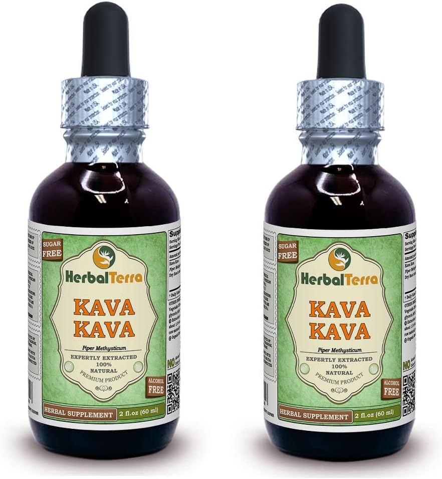 Kava Kava (Piper Methysticum) Glycerite, Dried Root Alcohol-Free Liquid Extract (Brand Name: HerbalTerra, Proudly Made in USA) 2x2 fl.oz (2x60 ml)