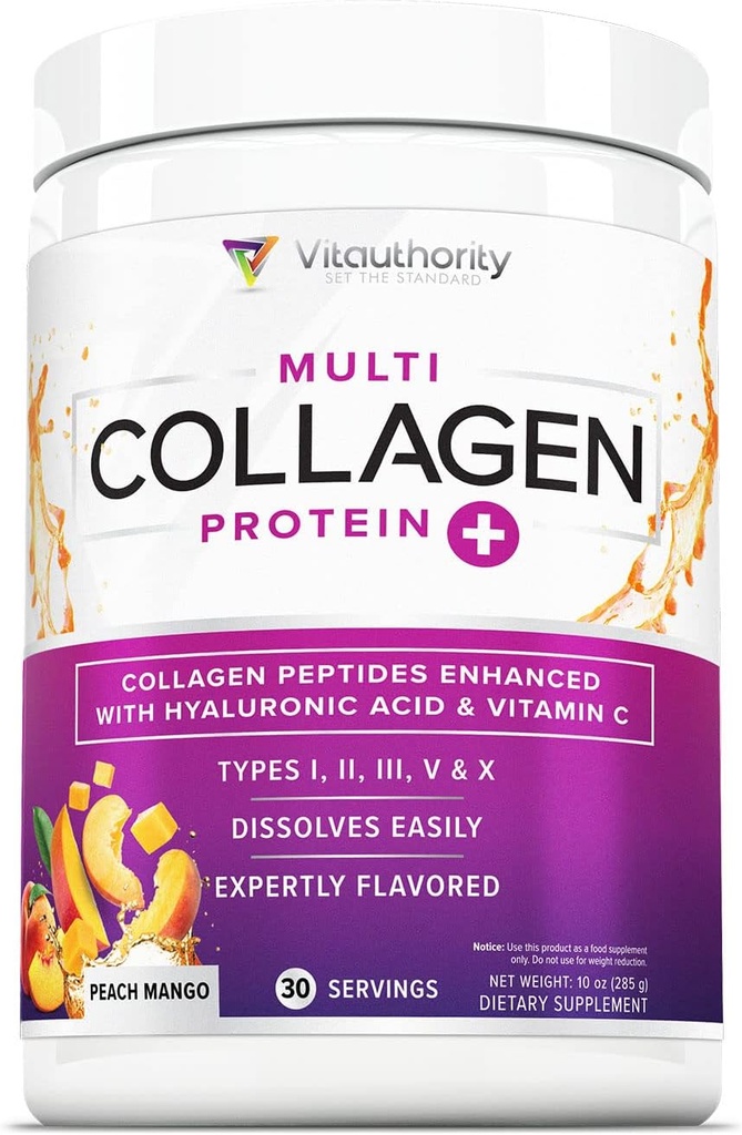 Multi Collagen Peptides Powder for Women - Hydrolyzed Flavored Collagen Powder for Women with Types I II III V & X Vitamin C & Hyaluronic Acid for Hair Skin and Nails (Peach Mango) - 30 Servings