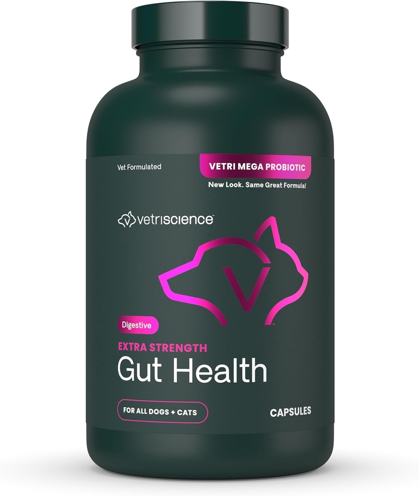 VetriScience Extra Strength Gut Health Probiotic & Prebiotic Digestive Supplements for Dogs & Cats, Gas & Diarrhea & Immune Support, Easy-Open Capsules, 180 Count - New Look