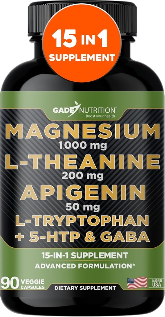 Gade Nutrition Magnesium Glycinate & Magneisum Supplements with Apigenin, L Theanine 200 mg, 5 HTP, GABA Calm Brain Booster Supplement Sleep Aid Ashwagandha L Tryptophan Chamomile