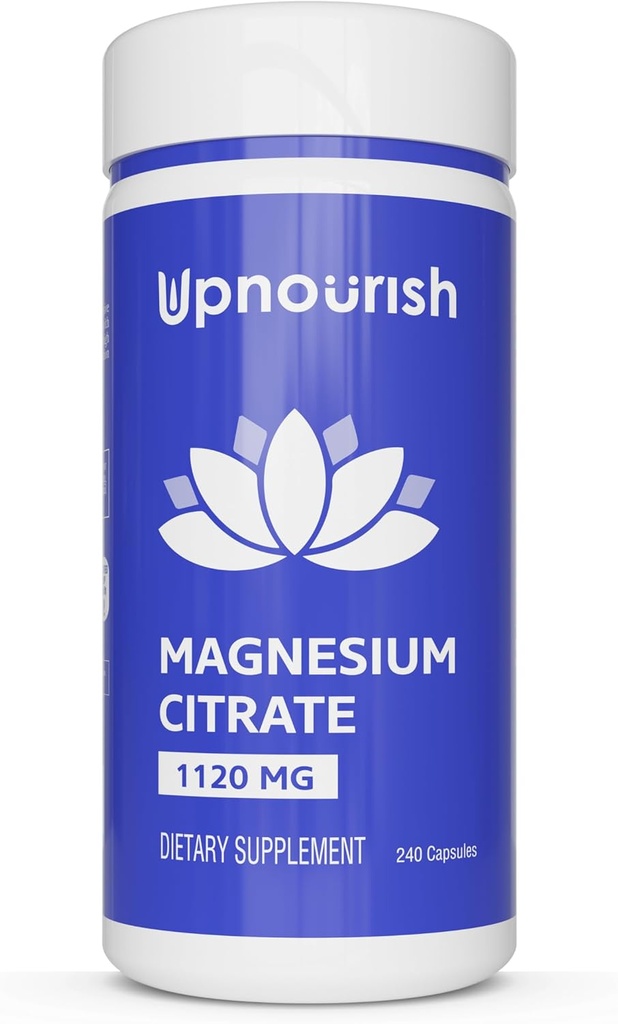 UpNourish Pure Magnesium Citrate (Citrato de Magnesio) 1120mg, 240 Capsules - High Absorption Magnesium Supplement for Women & Men - Natural Calm Magnesium for Constipation, Relax, Cramp Defense