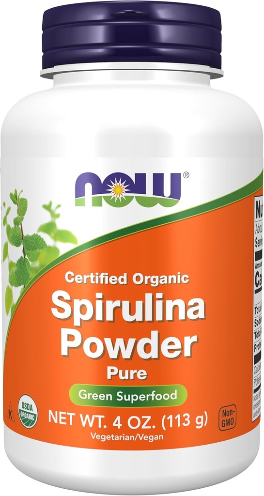 NOW Foods Supplements, Certified Organic, Spirulina Powder, Rich in Beta-Carotene (Vitamin A) and B-12 with naturally occurring GLA & Chlorophyll, 4-Ounce