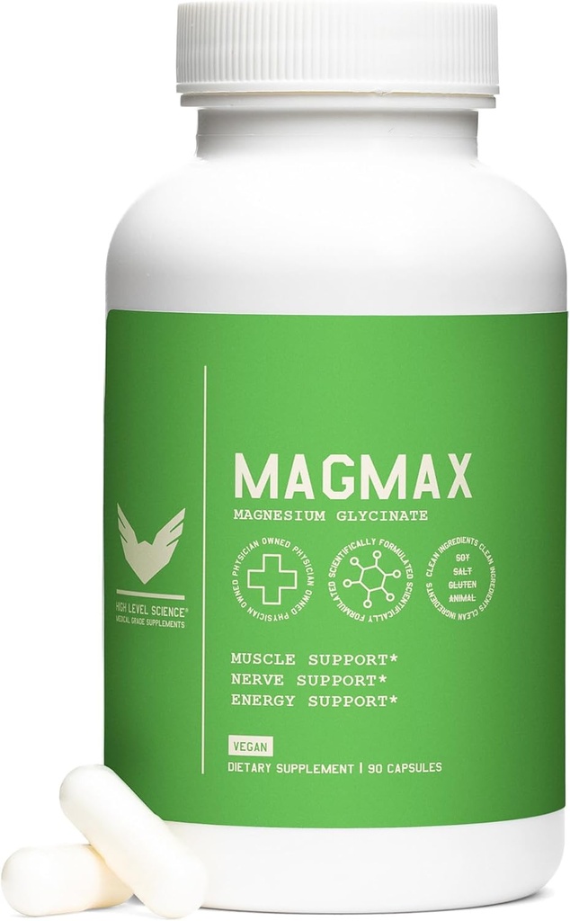 High Level Magmax Magnesium Glycinate Supplement for Adults, Supports Bone Health, Sleep, Heart, Muscle Function & Cramps, Gluten Free, Vegan, 275 mg, 90 Capsules