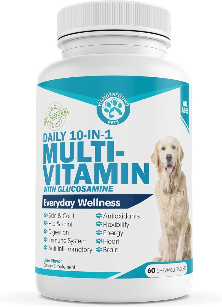 Wanderfound Pets 10-in-1 Dog Multivitamin, Chewable Dog Vitamins with Glucosamine, D3, and MSM, Dog Health Supplies for Immune System and Joint Health, Liver Flavor, 60 Tablets