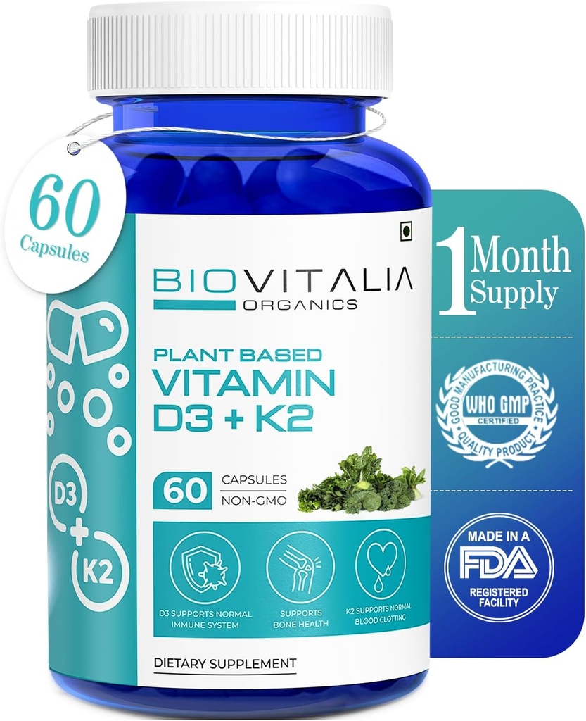 Biovitalia Plant Based Vitamin D3 + K2 60 Capsules for Men & Women | Dietary Supplement | Supports Immune System & Bone Health | Promotes Calcium Absorption - 60 Vegan Capsules