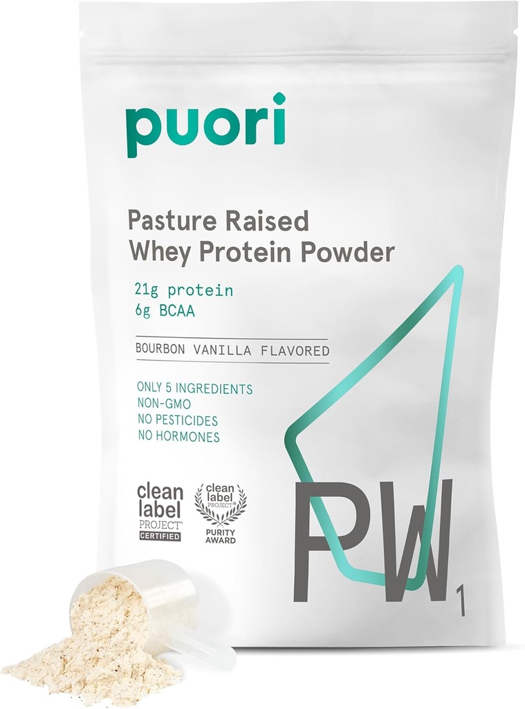 Puori Whey Protein Powder, Bourbon Vanilla - PW1 Pasture-Raised, Grass-Fed Whey Protein Powder Drink Mix containing BCAA Amino Acids - Post-Workout Supplement for Muscle Gain & Recovery - 30 Servings