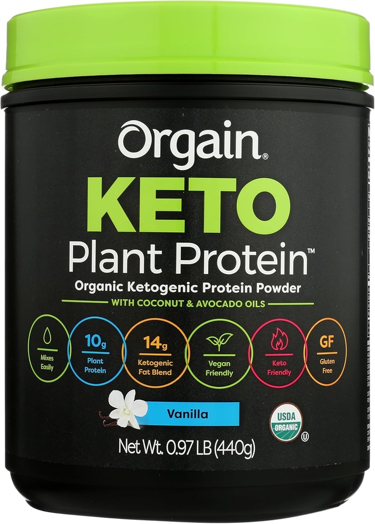 Orgain Organic Keto Vegan Protein Powder, Vanilla Bean - 10g Plant Based Protein, 0g Sugar*, Avocado & Coconut Oil, Gluten Free, No Dairy, Lactose or Soy Ingredients, For Smoothies & Shakes, 0.97lb