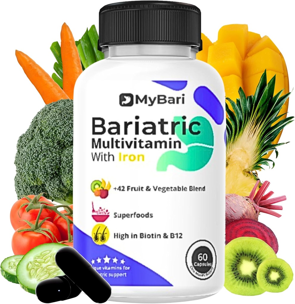 All-in-One Bariatric Multivitamin with Iron - Made in USA - for Men & Women - Supports Gastric Sleeve & Bypass with 42+ Fruit & Veggie Blend - 60 Liquid Capsules