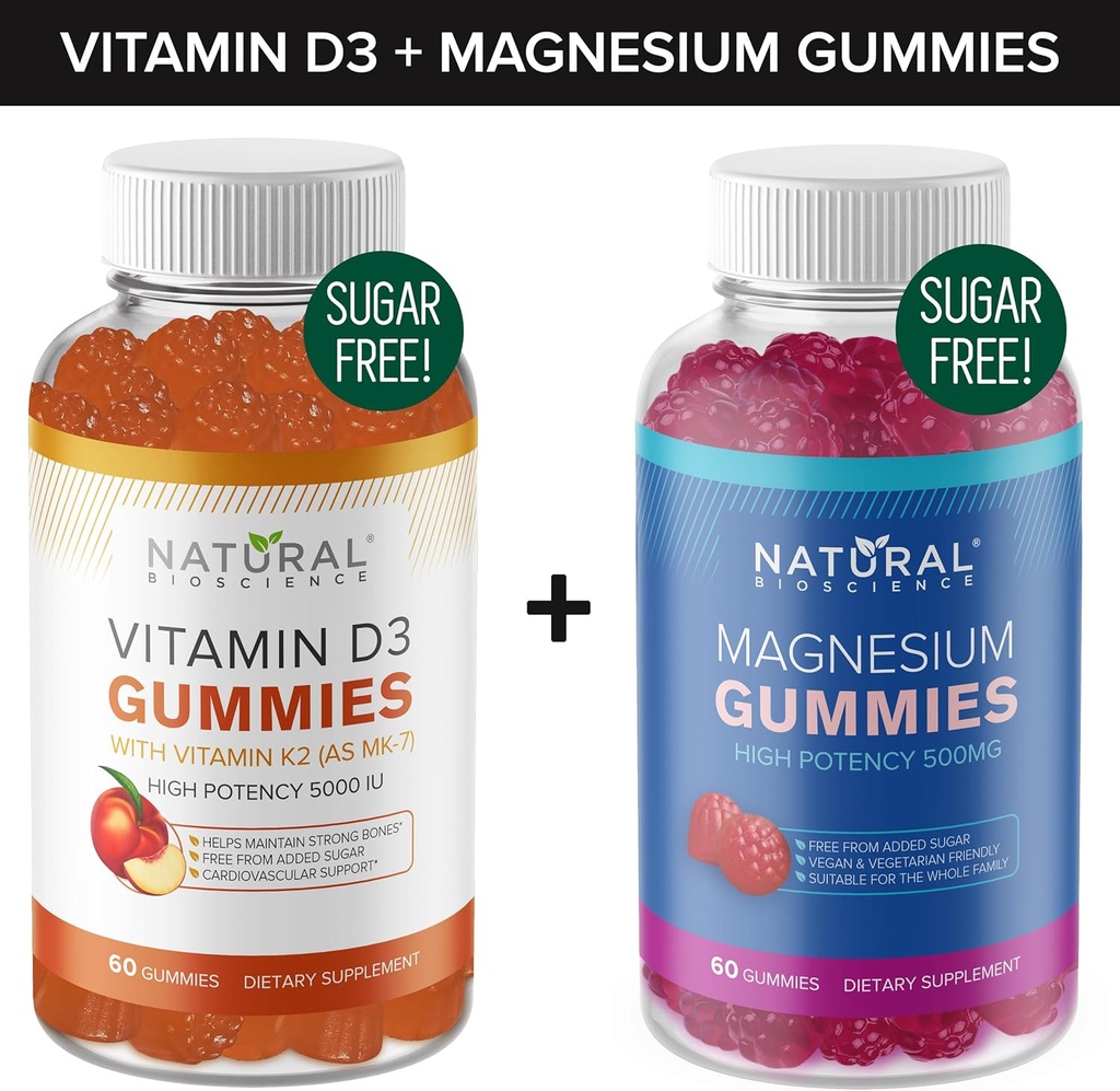 Sugar Free Vitamin D3 K2 Gummies (60 Gummies) and Sugar Free Extra Strength Magnesium Gummies (60 Gummies), Vitamin D3 Gummies 5000 IU+K2 MK7 80 mcg, Magnesium Citrate Gummies 500 mg