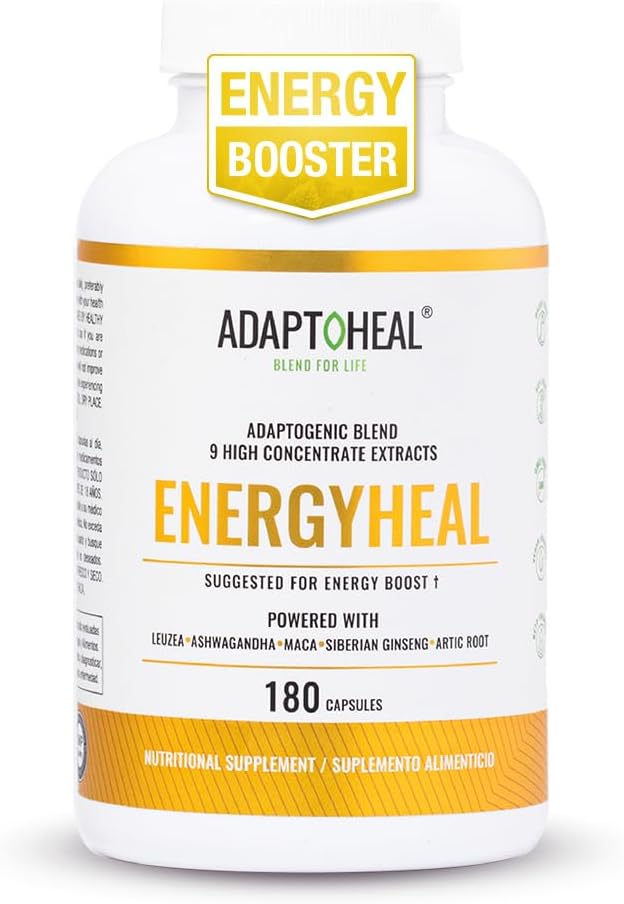 Adaptoheal Energy Supplements – Natural Adaptogen Pills for Women & Men – with Ashwagandha & Ginseng – Caffeine Free Energy, Stress Relief, Focus & Vitality Support – 180 Capsules
