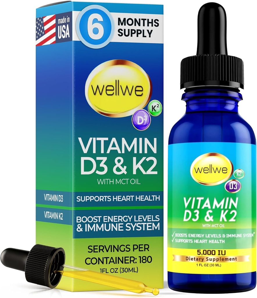 Vitamin D3 K2 Liquid Drops - Vegan Vitamin D3 5000 IU, Vitamin D Drops Adult, No Fillers, Non-GMO, No Taste, Liquid Vitamin d3 with k2 Supplement to Boost Energy Levels, Mood, Immune System, 1 fl oz