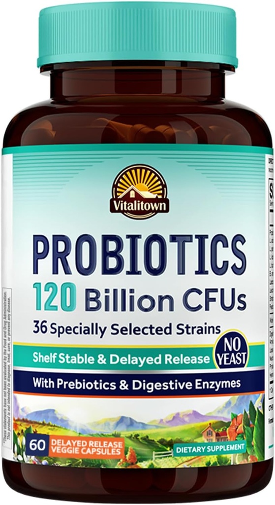 Vitalitown Probiotics 120 Billion CFUs | 36 Strains, with Prebiotics & Digestive Enzymes | Shelf Stable | Digestive Health & Immune Support | Vegan, Non-GMO | Pack of 1 | 60 Delayed Release Veg Caps