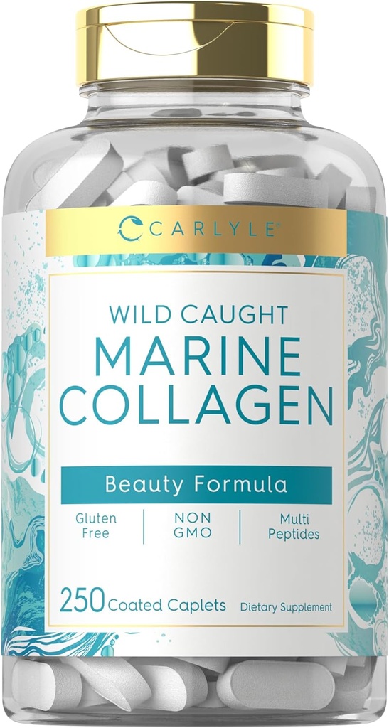 Carlyle Marine Collagen for Hair Skin and Nails | 250 Caplets | Peptides for Women and Men | Type I with Calcium | Non-GMO & Gluten Free