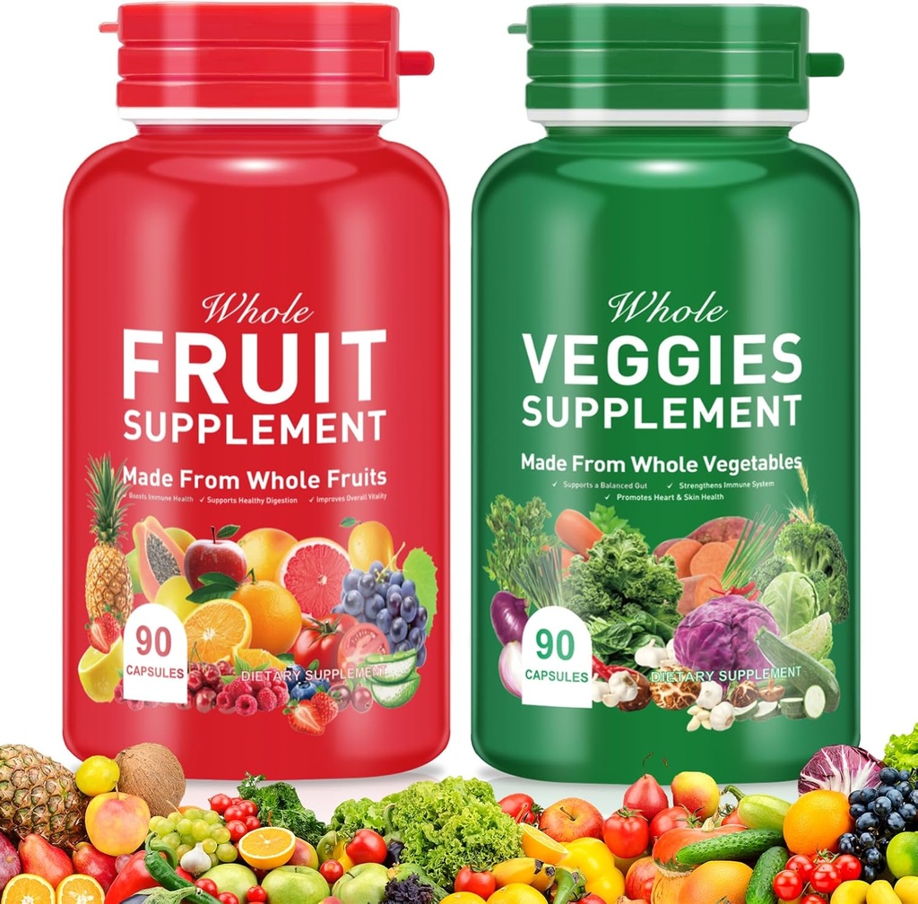 Fruit and Veggies Supplement Ingredients Natural – 90 Fruit and 90 Veggie Capsules - Fresh Superfood Formula with Vitamins and Minerals, Supports Energy Levels