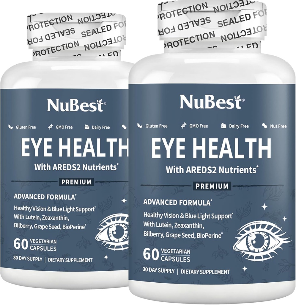 NuBest AREDS 2 Eye Vitamins with Beta Carotene Carrot Powder, 20mg Lutein, 4mg Zeaxanthin, Bilberry, Grape Seed, BioPerine, B-Complex, Multivitamin for Eye Health | Pack 2