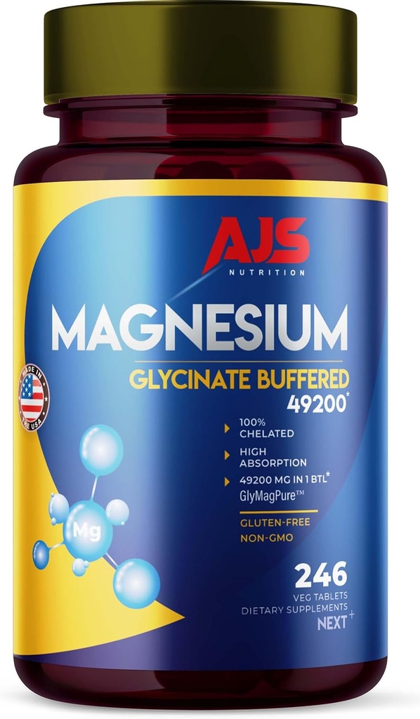 AJS Magnesium Glycinate 400mg, Magnesium Glycinate Capsules 246 Tablets, Gluten-Free, Non-GMO Supplements, Dietary Magnesium Supplement with Organic Coating, Supports Your Well-Being, 4 Months